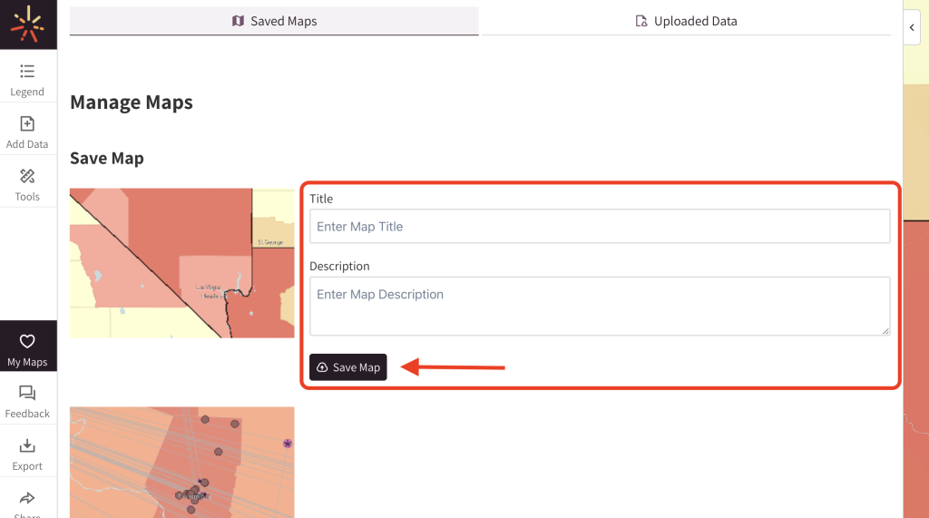 A SparkMap visitor enters a title and description for their new map, then clicks the "Save Map" button to save it to their SparkMap account. 